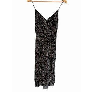 Ann Taylor Silk Slip Dress Womens Size 4 Black Beige Floral V-Neck Midi